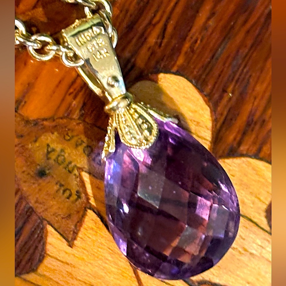 14K Yellow Gold Pear-Faceted Amethyst Briolette Pendant, Gold Beaded Cap & Bail